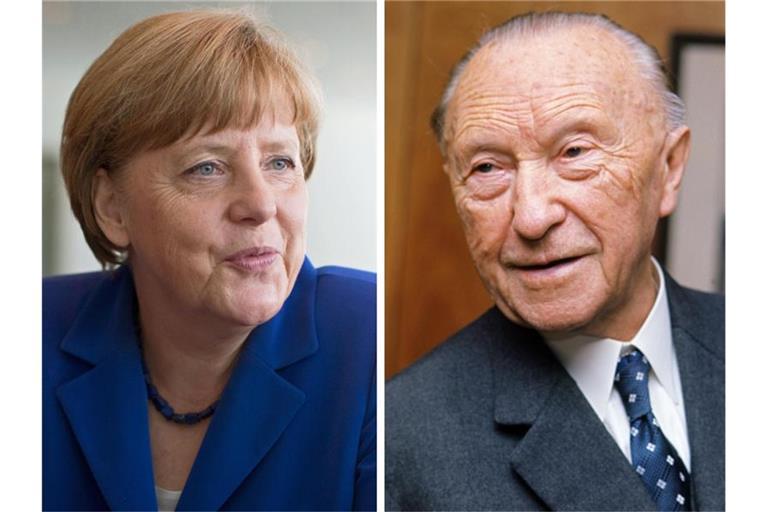 Kanzlerin Angela Merkel ist genauso lange im Amt wie einst Konrad Adenauer (r). Foto: Roland Witschel/Kay Nietfeld/dpa