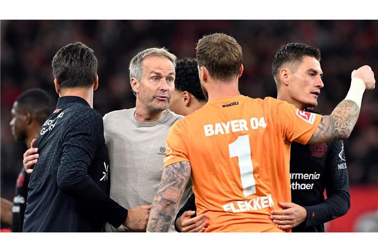 Kasper Hjulmand freut sich über ein gelungenes Debüt bei Bayer Leverkusen.