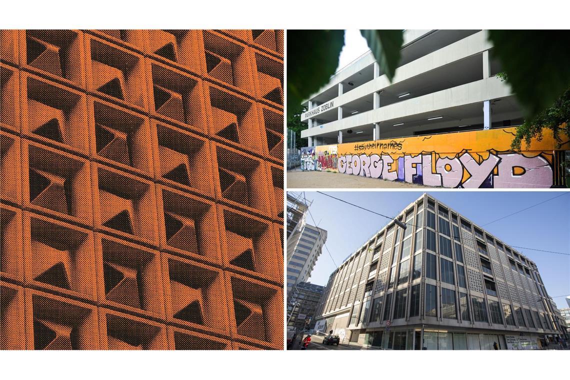 Kaufhaus-Fassade in Stuttgart, Züblin-Parkhaus, ehemaliger Kaufhof, der auf Umnutzung wartet (v. li.).