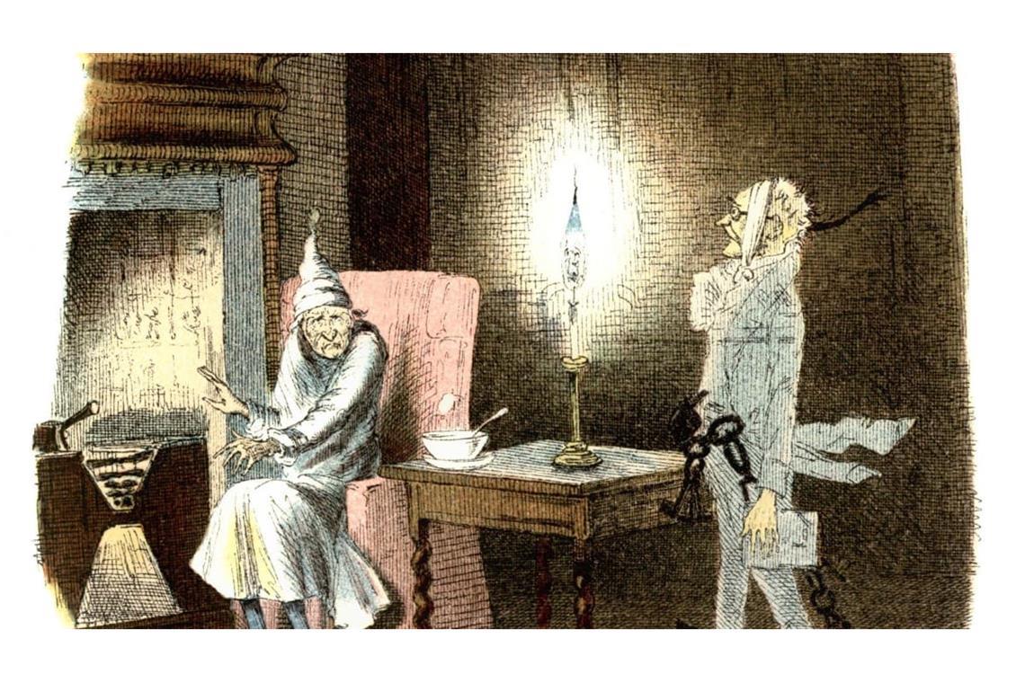 Klassische Geisterscheinung: Scrooge mit „Marly’s Geist“ aus Charles Dickens Weihnachtserzählung „A Christmas Carol“.