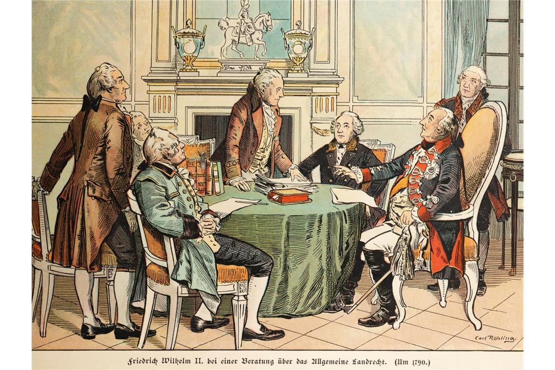 König Friedrich Wilhelm II. von Preußen bei einer Kabinettssitzung in Berlin um 1790.