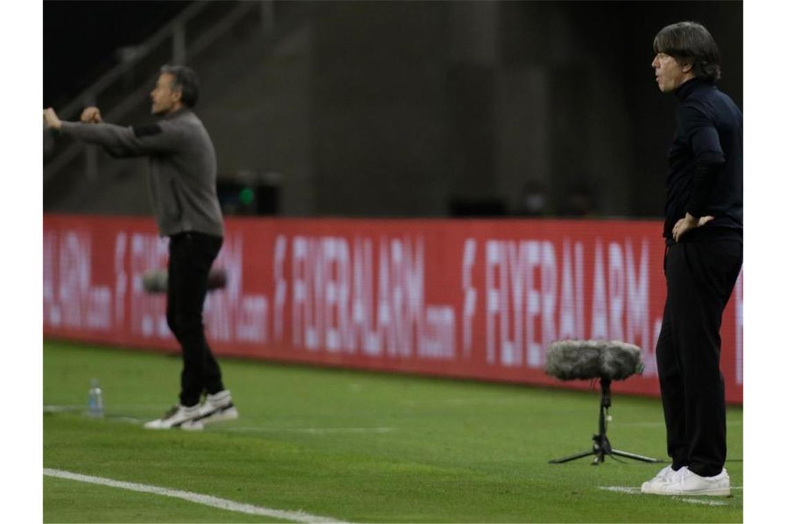 Körpersprache: Während Spaniens Trainer sich körperlich verausgabt wirkt Bundestrainer Joachim Löw (r) lethargisch. Foto: Daniel Gonzales Acuna/dpa