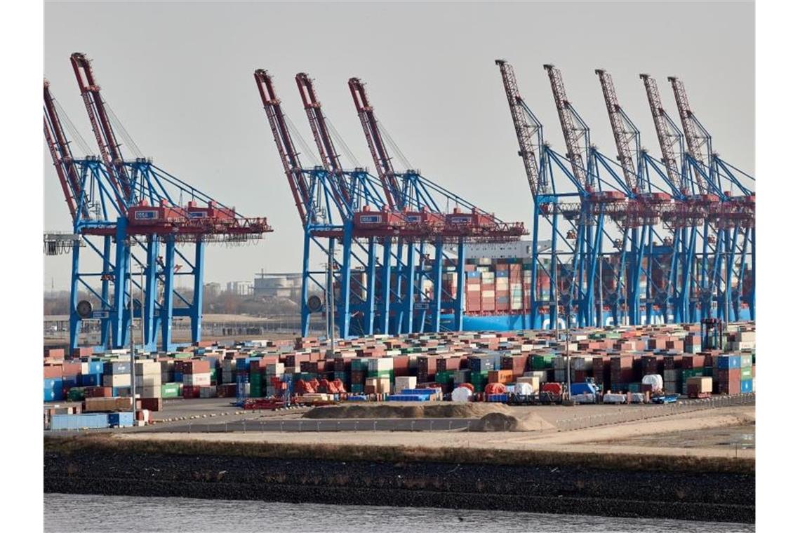 Kräne der Hamburger Hafen und Logistik AG (HHLA) und Container stehen im Hamburger Hafen. Das ifo-Institut hat seine Wachstumsprognose für die deutsche Wirtschaft gesenkt. Foto: Georg Wendt/dpa