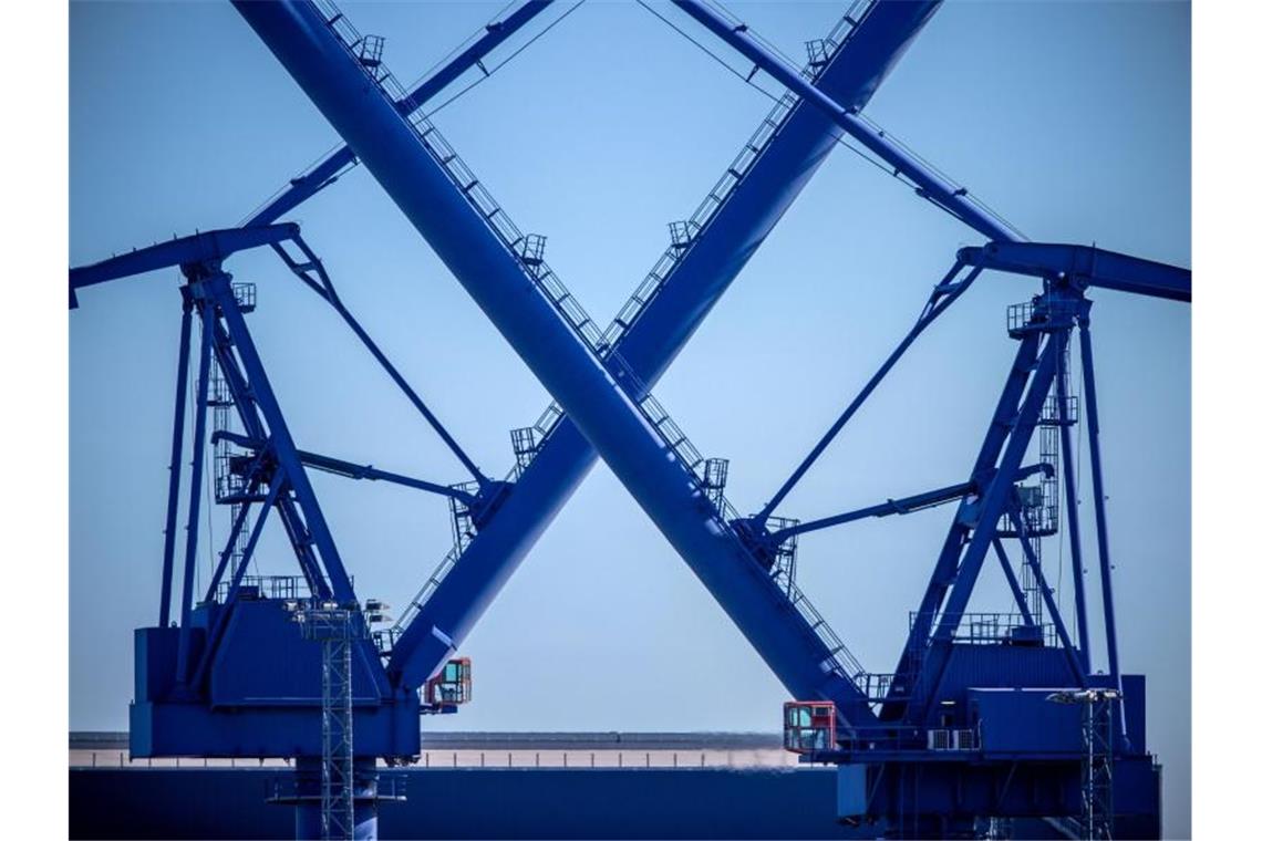 Krane stehen auf dem Gelände der MV-Werft in Rostock-Warnemünde. Die deutschen Werften sind von der Corona-Krise hart getroffen. Foto: Jens Büttner/dpa-Zentralbild/dpa