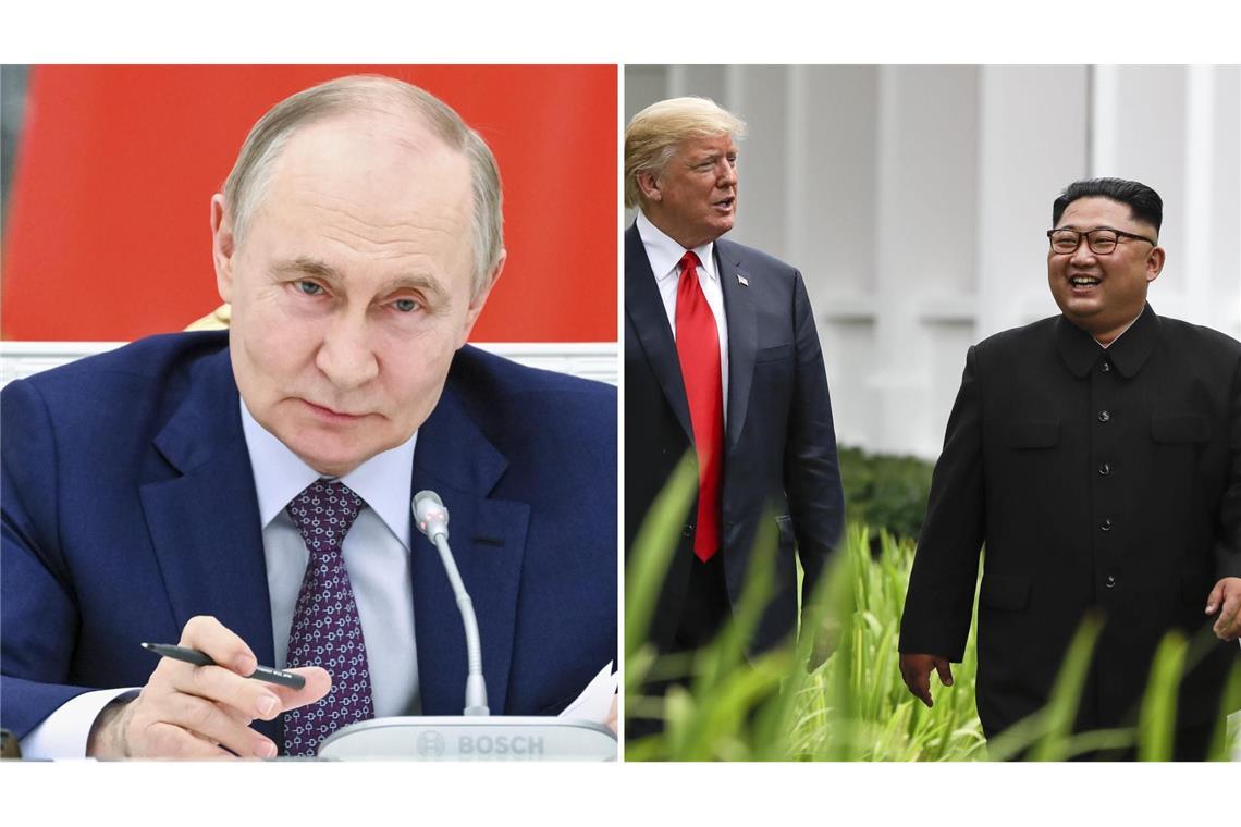 Putin und Kim vereinbaren in Telefonat engere Zusammenarbeit Kreml-Chef Putin (li.) trifft sich am Freitag mit US-Präsident Trump (Mitte) und hat zuvor mit Nordkoreas Machthaber Kim (re.) telefonisch eine engere Zusammenarbeit vereinbart.