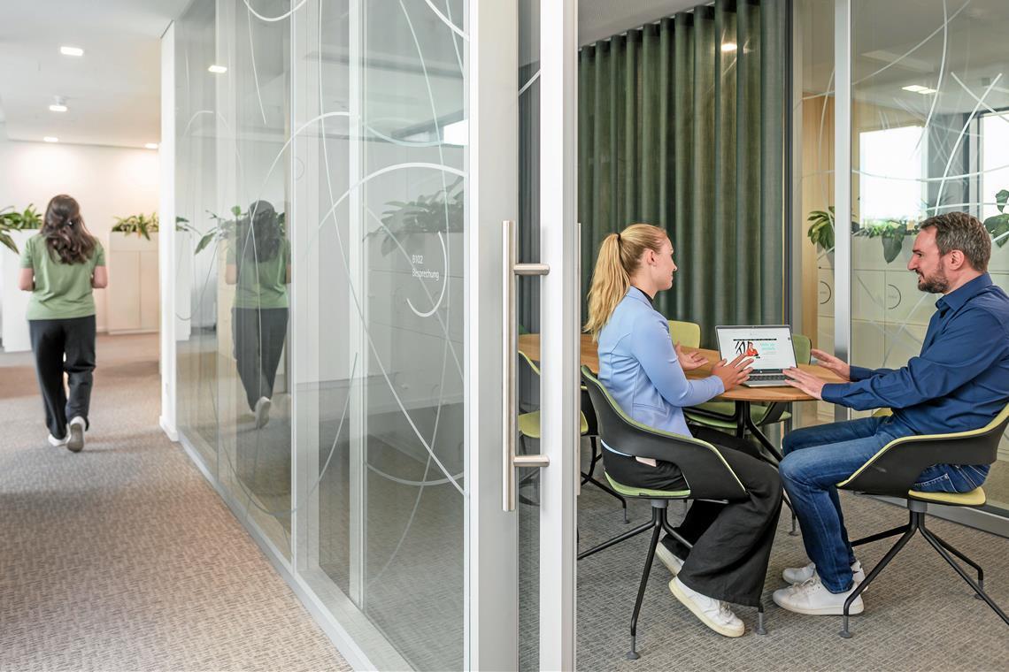 New Work: Neues Arbeiten im Landratsamt Rems-Murr Kristin Igerst vom Haupt- und Personalamt und Stefan Schewe vom Gesundheitsamt bei einer Besprechung in den neuen Räumen im Landratsamtstandort in der Waiblinger Rötestraße. Foto: Heiko Potthoff