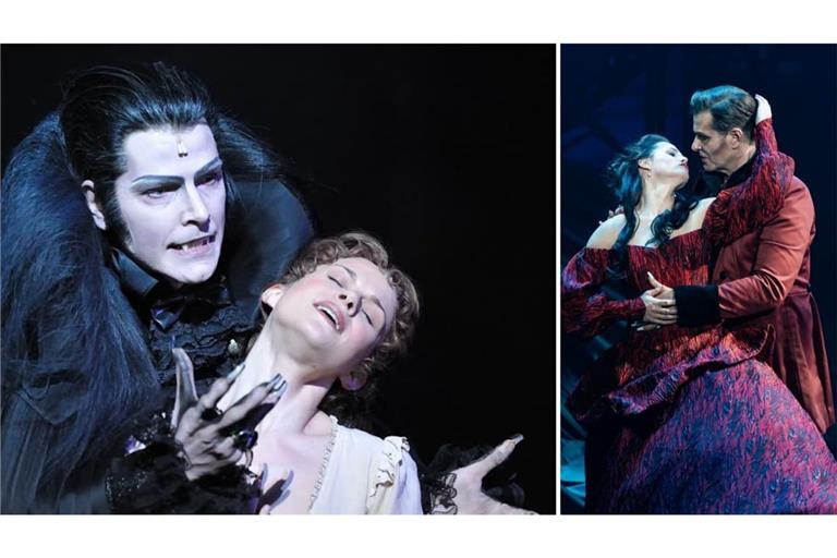 Krolock trifft auf Dracula: Jan Ammann (links mit Lucy Scherer im Jahr 2010 in „Tanz der Vampire“) und eine Szene aus „Dracula - Das Musical“