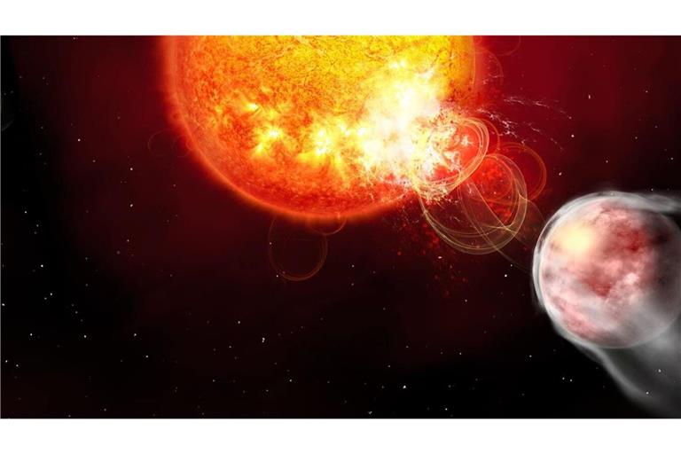 Künstlerische Darstellung des jungen Stern-Planeten-Systems HIP 67522, in dem ein Planet energiereiche Eruptionen auf seinem Mutterstern auslöst.