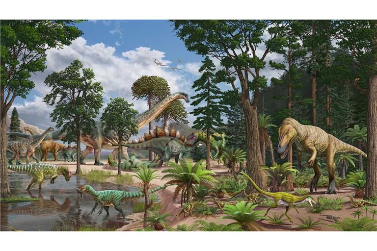 Künstlerische Darstellung des Ökosystems der Dry Mesa Dinosaur Quarry vor etwa 150 Millionen Jahren im heutigen US-Staat Colorado