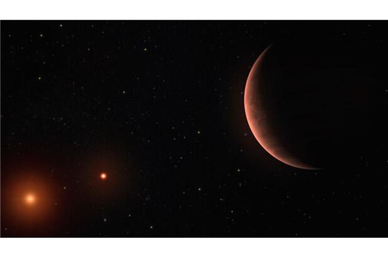 Künstlerische Darstellung des zirkumbinären Exoplanet 2M1510 (AB) b, der zwei