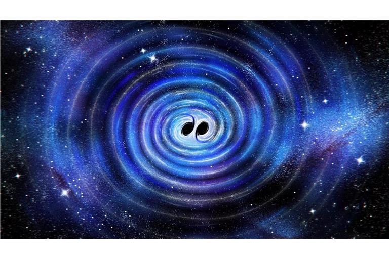 Künstlerische Darstellung eines neu entstandenen Schwarzen Lochs, das nach der Verschmelzung zweier Schwarzer Löcher unter Aussendung von Gravitationswellen abklingt.