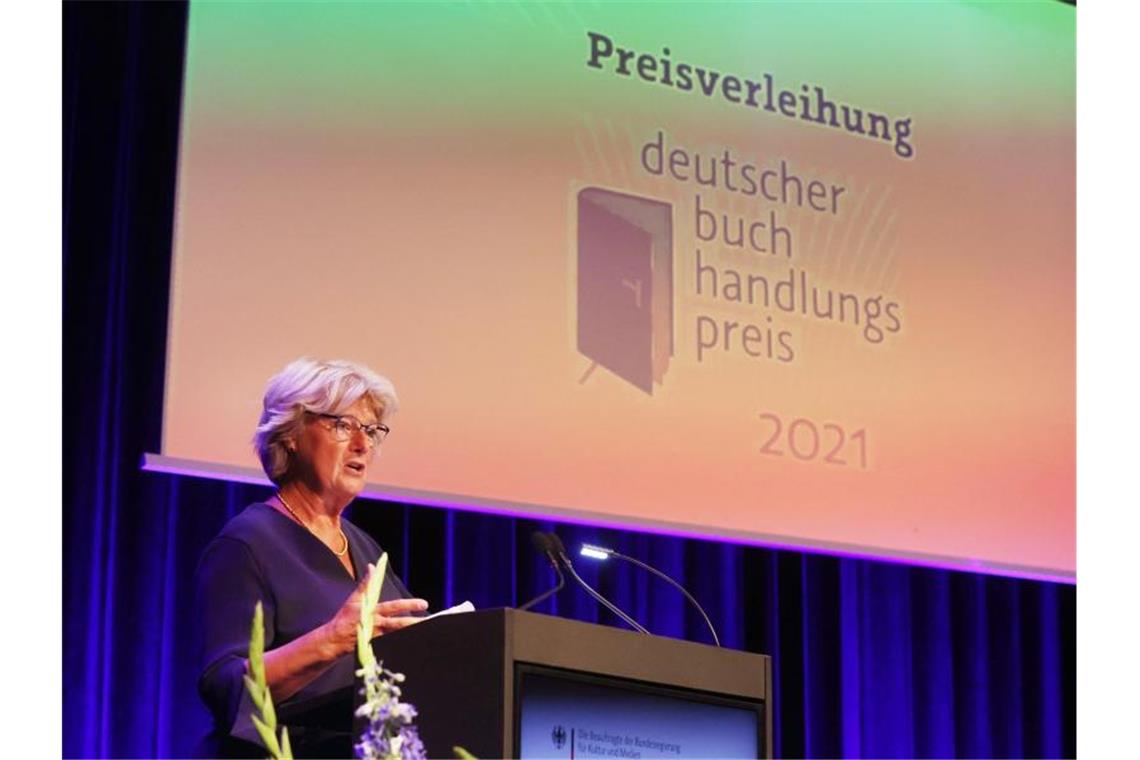 Kulturstaatsministerin Monika Grütters (CDU) bei der Verleihung des Deutschen Buchhandlungspreises. Foto: Bodo Schackow/dpa-Zentralbild/dpa