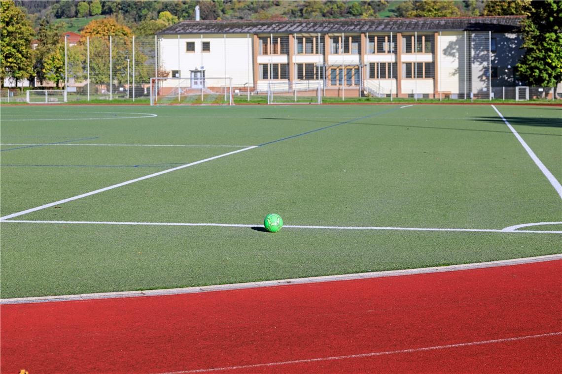 Kunstrasenplatz bei der Sporthalle in Sulzbach soll saniert werden Kunstrasenplatz und Tartanbahn sollen erneuert werden. Ein auf Sportstätten spezialisiertes Ingenieurbüro wurde vom Gemeinderat beauftragt, die Ausschreibung und Vergabe vorzubereiten. Foto: Stefan Bossow