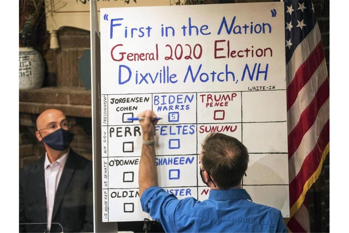 Kurz nach Mitternacht in Dixville Notch: Alle fünf Stimmen aus den fünf Stimmzetteln gehen an Joe Biden. Foto: Scott Eisen/AP/dpa