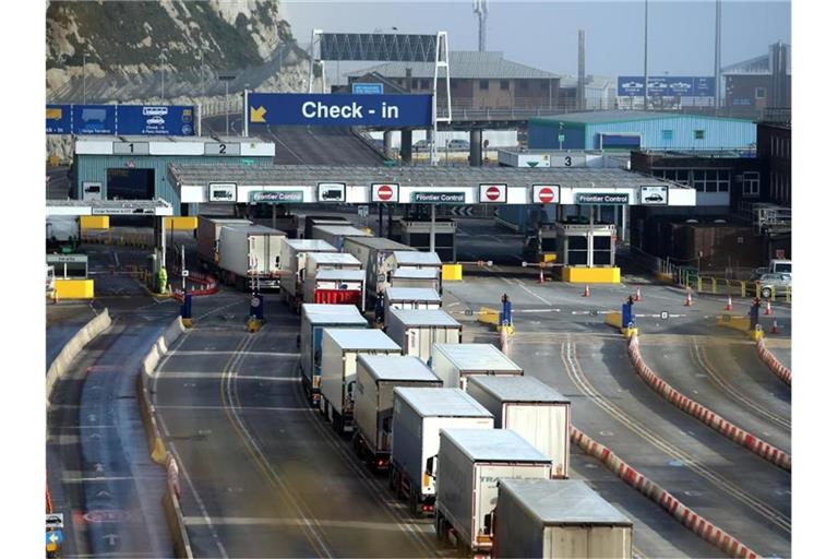 Lange Schlangen von Lastwagen vor dem Check-in am Hafen von Dover. Foto: Gareth Fuller/PA Wire/dpa