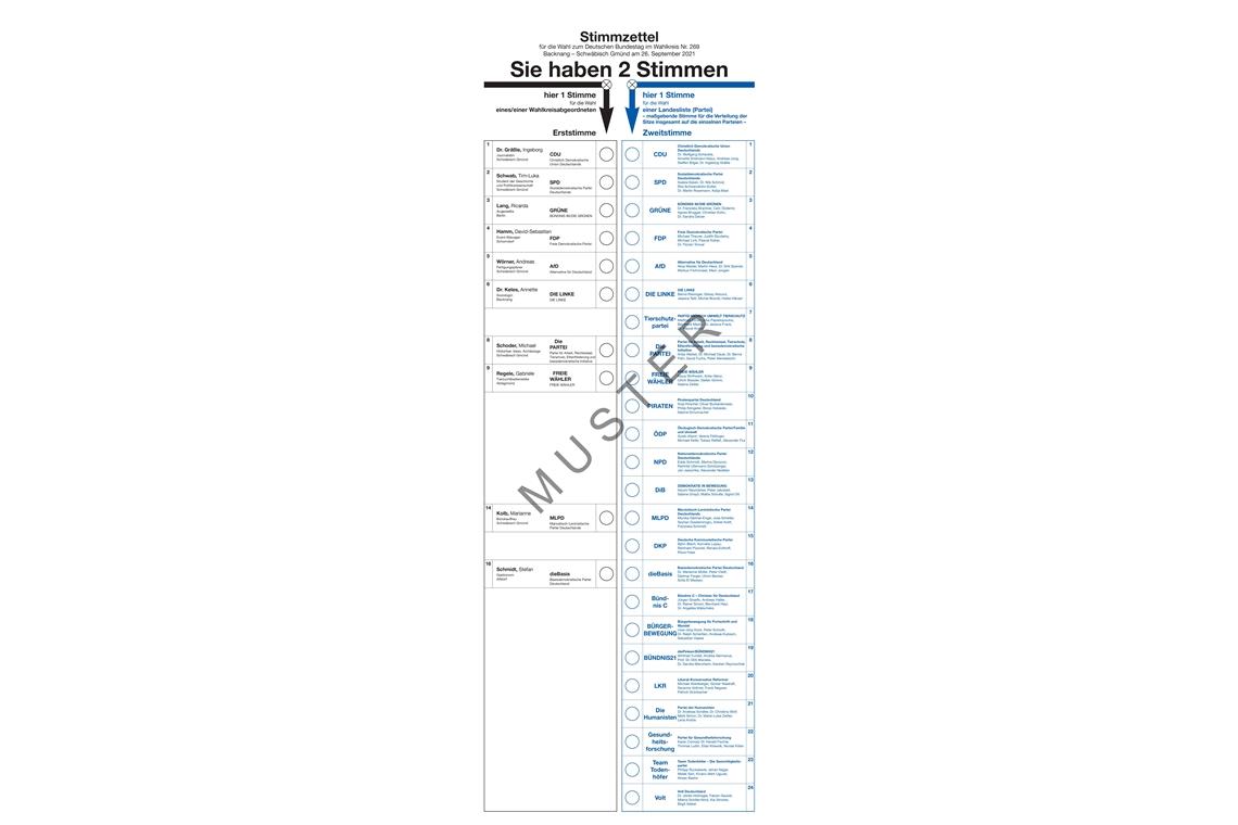 Langer Stimmzettel: Zehn Kandidatinnen und Kandidaten fürs Direktmandat sowie insgesamt 24 Parteien treten im Wahlkreis Backnang/Schwäbisch Gmünd an. Foto: Kreiswahlleiter