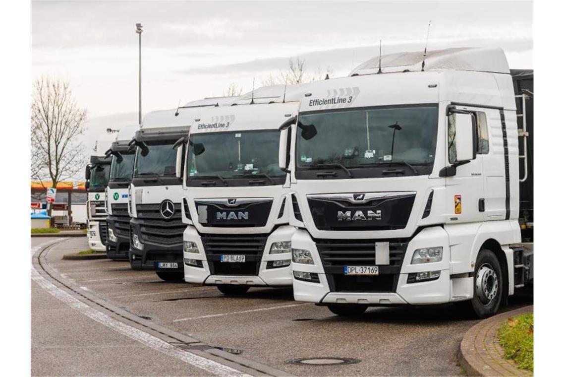 Weihnachtsmann besucht gestrandete Lkw-Fahrer Lastwagen stehen auf der Raststätte Breisgau nahe Freiburg und warten auf das Ende der Feiertage. Foto: Philipp von Ditfurth/dpa