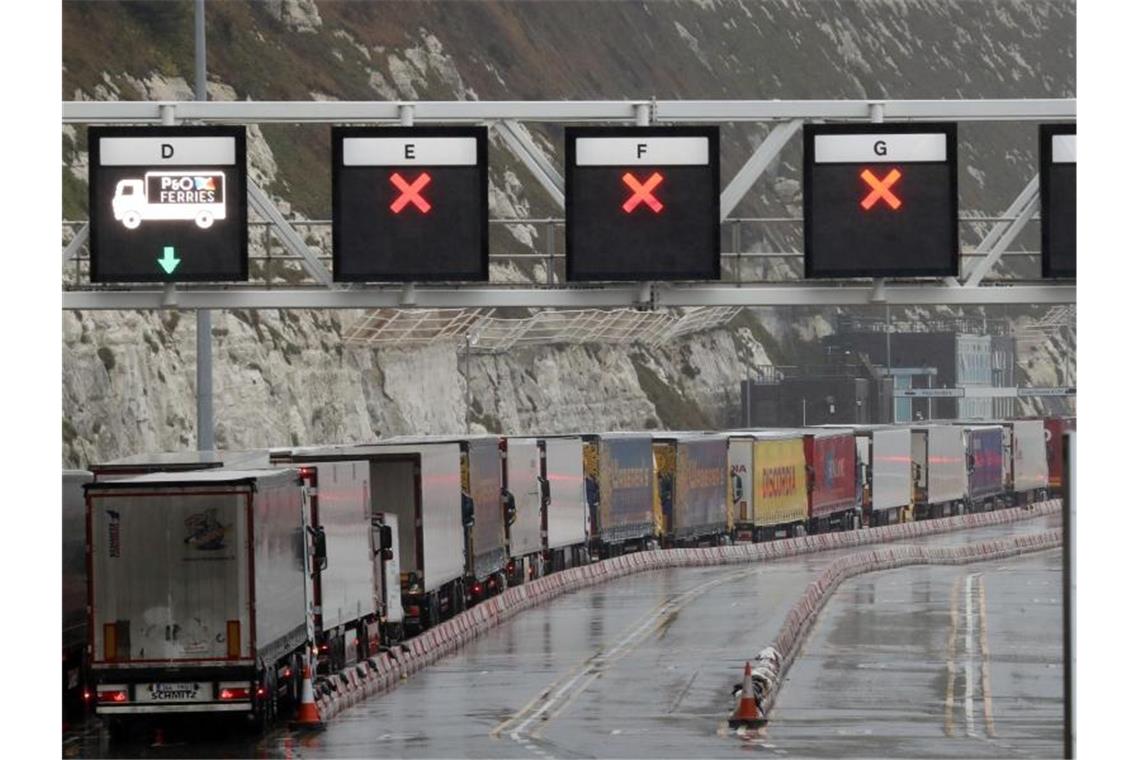 Lastwagen stehen Schlange vor dem Check-in des Terminals am Hafen von Dover in Großbritannien (Archiv). Foto: Garethfuller/PA/dpa/Symbolbild