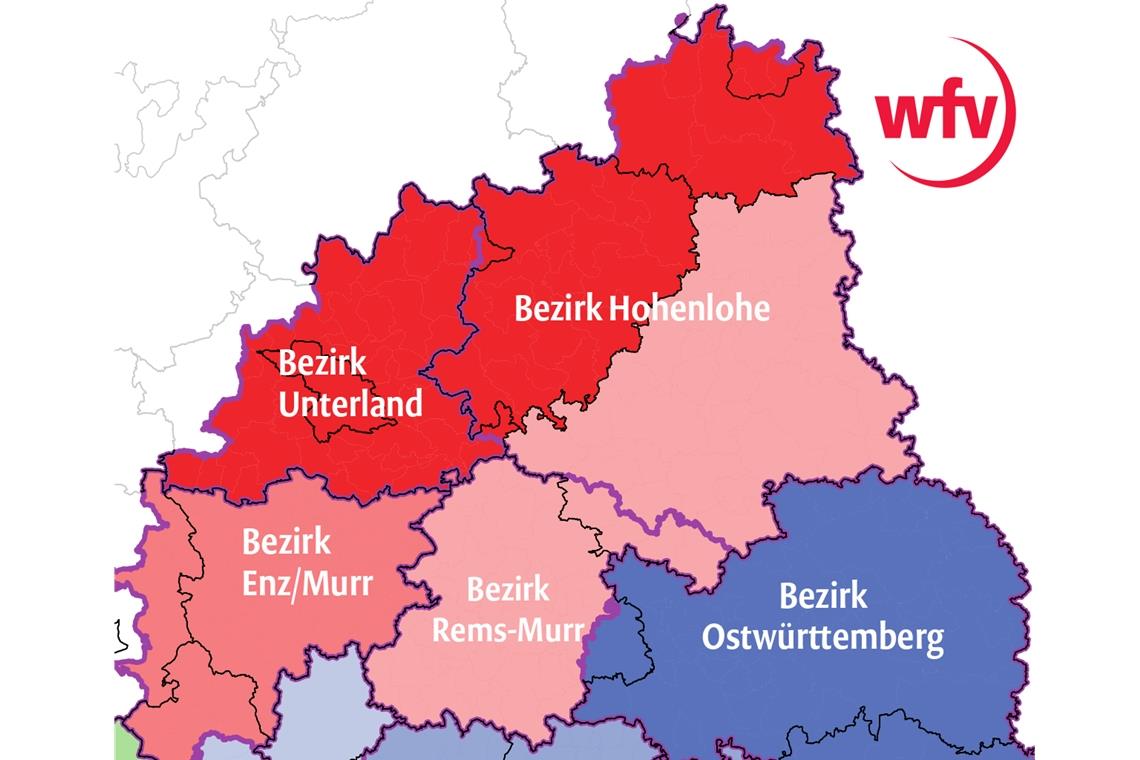 Laut dem Beschlussvorschlag soll der Fußballbezirk Rems-Murr mit einem Teil von Hohenlohe verschmelzen. Der neue und zukünftige Bezirk 12 ist in der Grafik hellrot eingezeichnet. Grafik: WFV