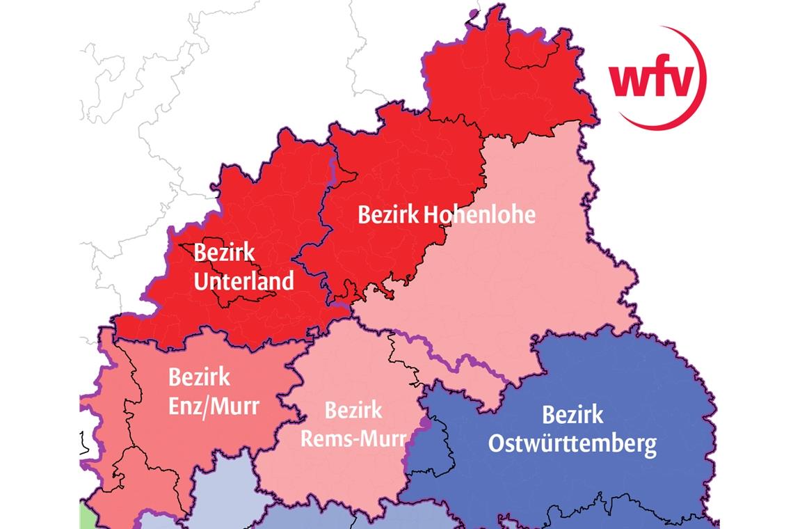 Entscheidung über Reformen rückt näher Laut dem Beschlussvorschlag soll der Fußballbezirk Rems-Murr mit einem Teil von Hohenlohe verschmelzen. Der neue und zukünftige Bezirk 12 ist in der Grafik hellrot eingezeichnet. Grafik: WFV