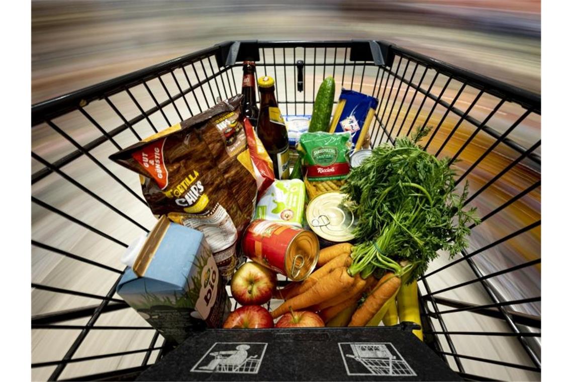 Lebensmittel liegen in einem Einkaufswagen. Lebensmittel, Energie und Kraftstoffe haben sich deutlich verteuert, die Einkommen können mit der Preisentwicklung aber nicht Schritt halten. Foto: Fabian Sommer/dpa