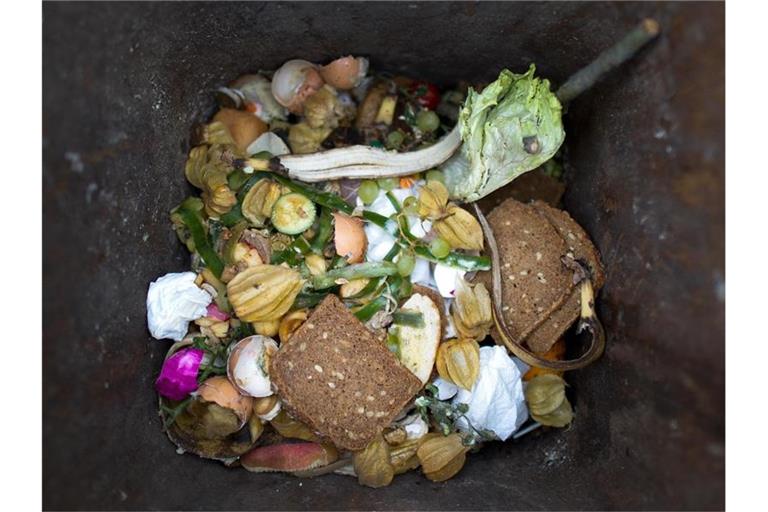 Lebensmittel liegen in einer Mülltonne. Foto: Arno Burgi/zb/dpa
