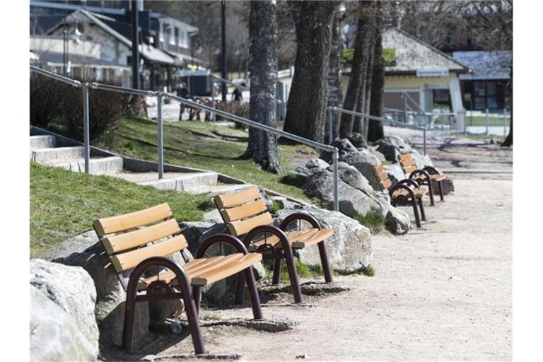 Leere Bänke stehen am Ufer am Titisee im Schwarzwald. Foto: Patrick Seeger/dpa/Symbolbild