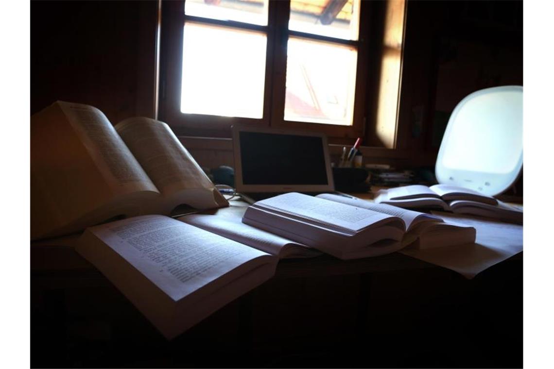 Lehrbücher und Unterlagen liegen auf dem Schreibtisch eines Studenten. Foto: Karl-Josef Hildenbrand/dpa