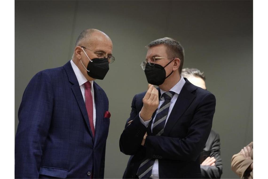 Lettland erlaubt Bürgern Kampfeinsatz auf Ukraine-Seite Lettlands Außenminister Edgars Rinkevics (rechts) hatte nach einem Appell der Ukraine an Ausländer, freiwillig mitzukämpfen, das Parlament angerufen. (Im Bild mit Polens Außenminister Zbiegniew Rau). Foto: Virginia Mayo/AP/dpa