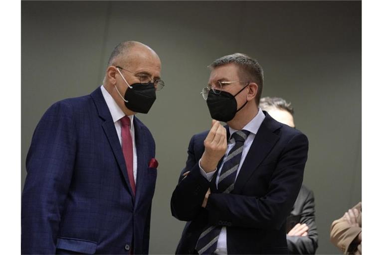Lettlands Außenminister Edgars Rinkevics (rechts) hatte nach einem Appell der Ukraine an Ausländer, freiwillig mitzukämpfen, das Parlament angerufen. (Im Bild mit Polens Außenminister Zbiegniew Rau). Foto: Virginia Mayo/AP/dpa