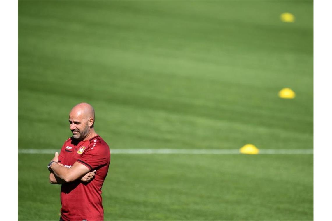 Leverkusens Coach Peter Bosz beobachtet das Training seiner Mannschaft. Foto: Sascha Schuermann/AFP-Pool/dpa