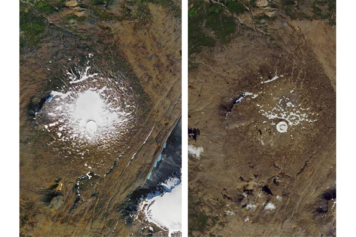 Links: Luftaufnahme des damals noch existierenden Okjökull-Gletschers aus dem Jahr 1986. Rechts: Vom geschrumpften Gletscher ist im August 2019 nur ein kleiner Fleck aus Eis übrig. Foto: AP