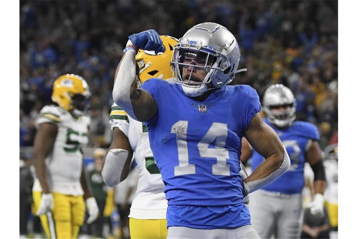 Roethlisberger bekommt ein Extra, St. Brown Respekt Lions-Receiver Amon-Ra St. Brown feiert seinen Touchdown. Foto: Lon Horwedel/FR170538 AP/dpa