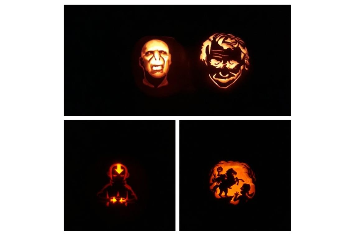 Lord Voldemort, der Joker, Avatar Aang und der Headless Horseman in Kürbisgestal...