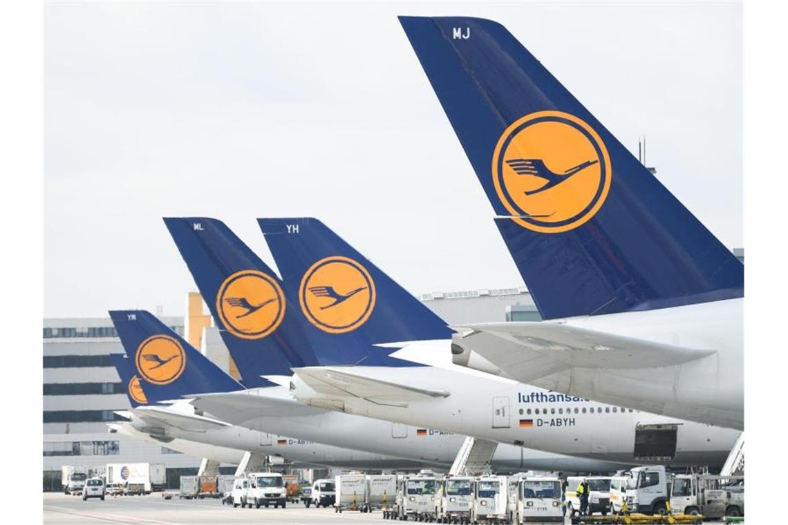 Lufthansa-Konzern streicht Flugplan um 150 Jets zusammen Lufthansa-Maschinen mit dem Kranich-Logo stehen am Frankfurter Flughafen. Foto: Arne Dedert/dpa