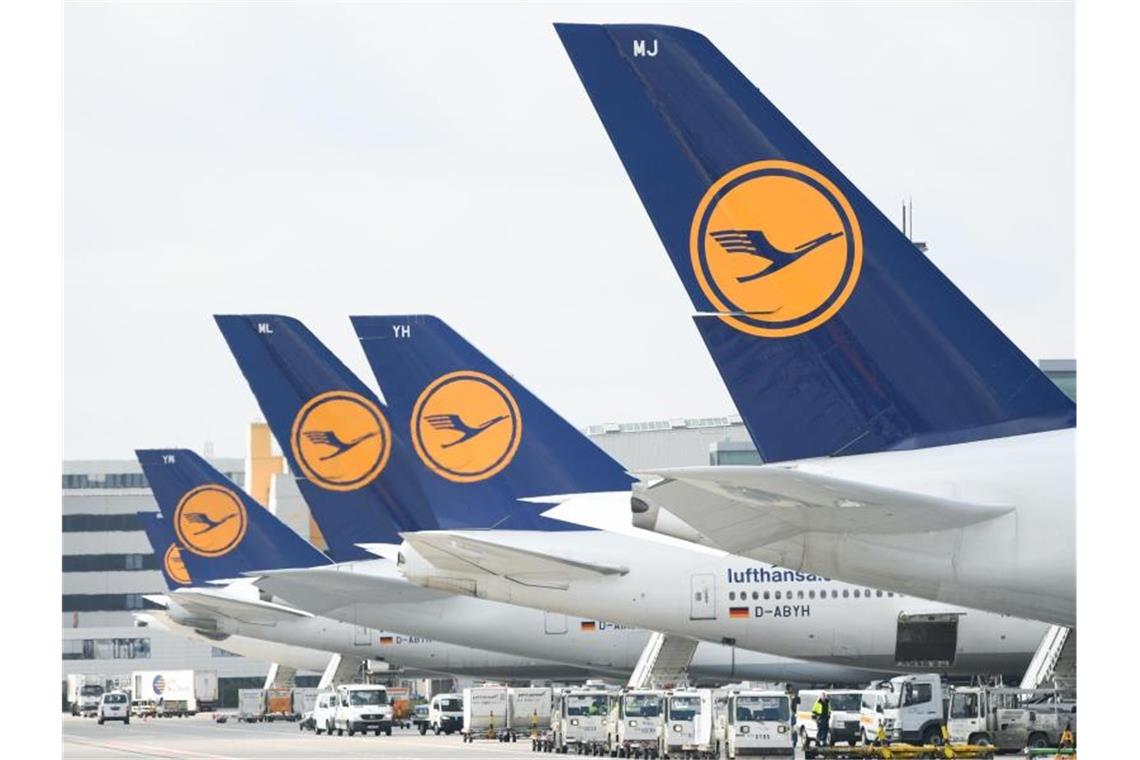 Lufthansa-Maschinen mit dem Kranich-Logo stehen am Frankfurter Flughafen. Foto: Arne Dedert/dpa/Archivbild