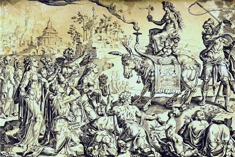 Maarten van Heemskercks Kupferstich „Anbetung eines Idols der Isis“ ist 1549 entstanden. Grafik: Dirck Volkertszoon Coornhert (nach Maarten van Heemskerck)