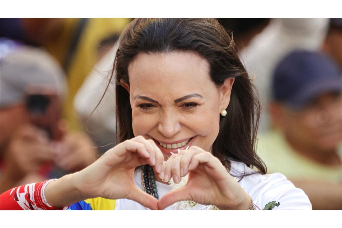 María Corina Machado aus Venezuela mit Friedensnobelpreis ausgezeichnet Machado bei einer Demonstration im Januar diesen Jahres.