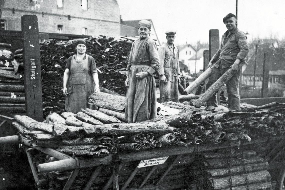 Die Davidsburg war ein Ausflugsziel Männer und Frauen in den 1940er-Jahren bei Ladearbeiten am Güterbahnhof in Backnang. Repros: P. Wolf