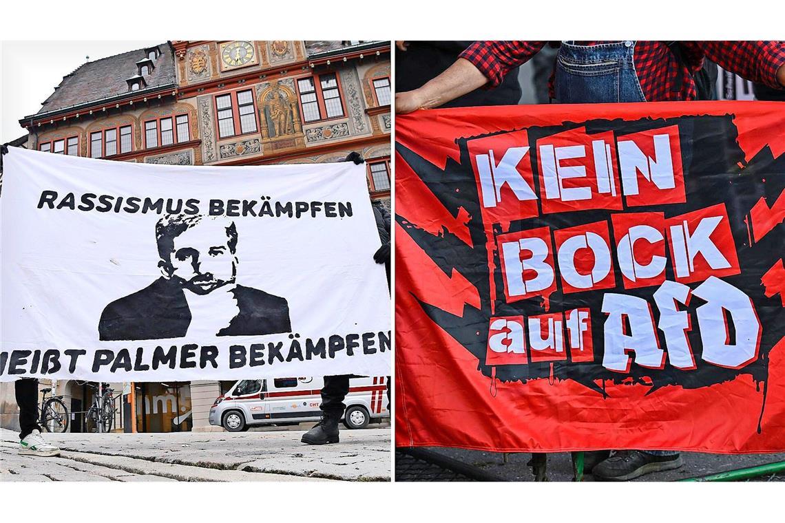 Manche in Tübingen bezeichnen Boris Palmer als Rassisten, wie Aktivisten mit einem Banner nach einem Facebook-Post des OB im Jahr 2021 deutlich machen (links). Ähnliche Vorwürfe erhält der Ex-Grüne jetzt auch wegen des geplanten Streitgesprächs mit der AfD. (Symbolbilder)