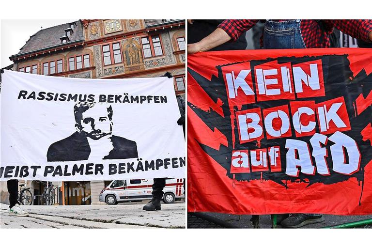 Manche in Tübingen bezeichnen Boris Palmer als Rassisten, wie Aktivisten mit einem Banner nach einem Facebook-Post des OB im Jahr 2021 deutlich machen (links). Ähnliche Vorwürfe erhält der Ex-Grüne jetzt auch wegen des geplanten Streitgesprächs mit der AfD. (Symbolbilder)