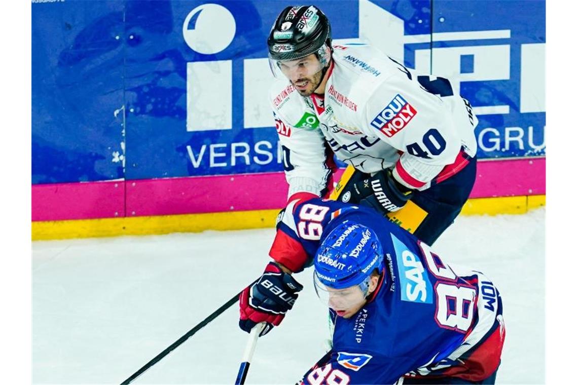 Mannheims David Wolf (vorne) und Berlins Maxim Lapierre kämpfen um den Puck. Foto: Uwe Anspach/dpa