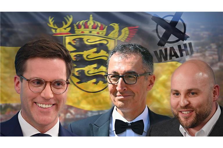 Manuel Hagel (CDU), Cem Özdemir (Grüne) und Markus Frohnmaier (AfD) wollen Ministerpräsident werden.