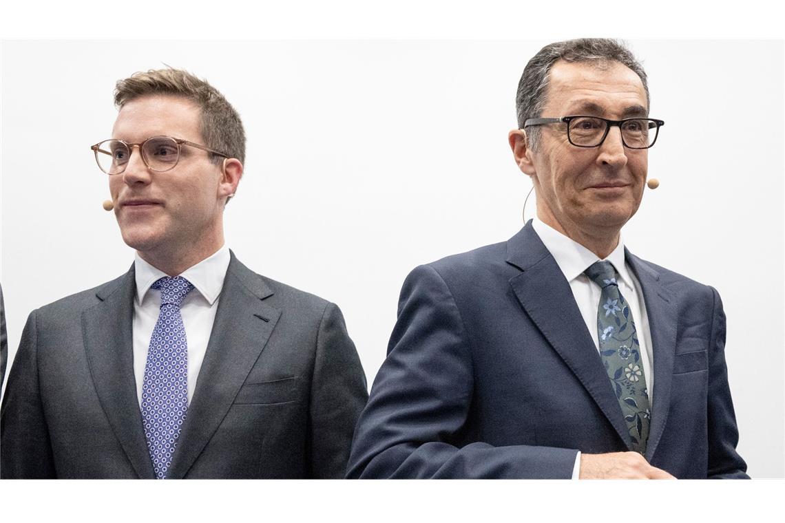 Manuel Hagel (CDU, links) und Cem Özdemir wollen am Sonntag Ministerpräsident werden.