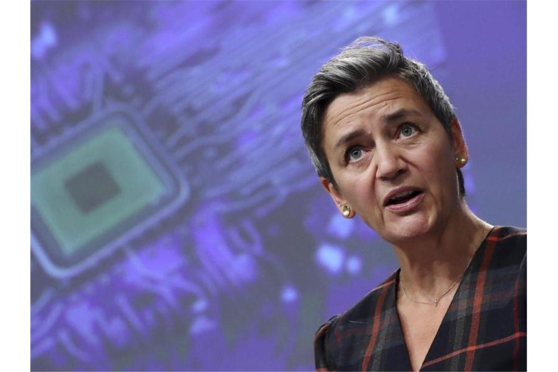 Margrethe Vestager, EU-Wettbewerbskommissarin, spricht während einer Online-Pressekonferenz. Foto: Yves Herman/Reuters Pool/dpa