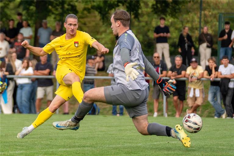 Marlon Faß erzielt das vierte von sechs Toren der SG Sonnenhof Großaspach beim Pokalspiel in Ehningen. Foto: Philip Ziegler