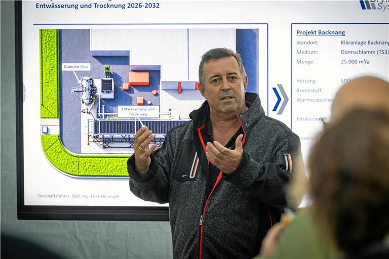 Maschinenbauingenieur Felix Hellmuth erklärt Gemeinderäten beim Besuch der Kläranlage die Funktionsweise seiner Anlage. Foto: Alexander Becher