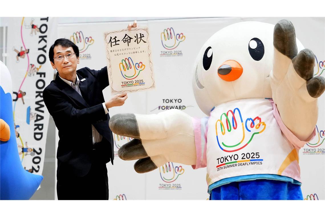 Maskottchen der Gehörlosenspiele 2025 ist die Möwe  Yurito, das Logo mit der Hand  verweist auf die Gebärdensprache.