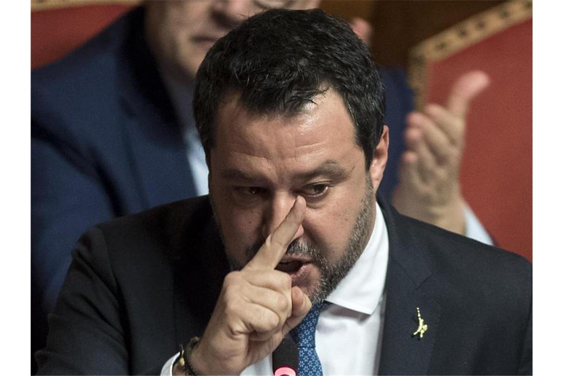 Matteo Salvini, ehemaliger Innenminister von Italien, reagiert auf die Entscheidung des Senats über die Aufhebung seiner Immunität als Mitglied der Parlamentskammer. Foto: Roberto Monaldo.Lapre/LaPresse via ZUMA Press/dpa