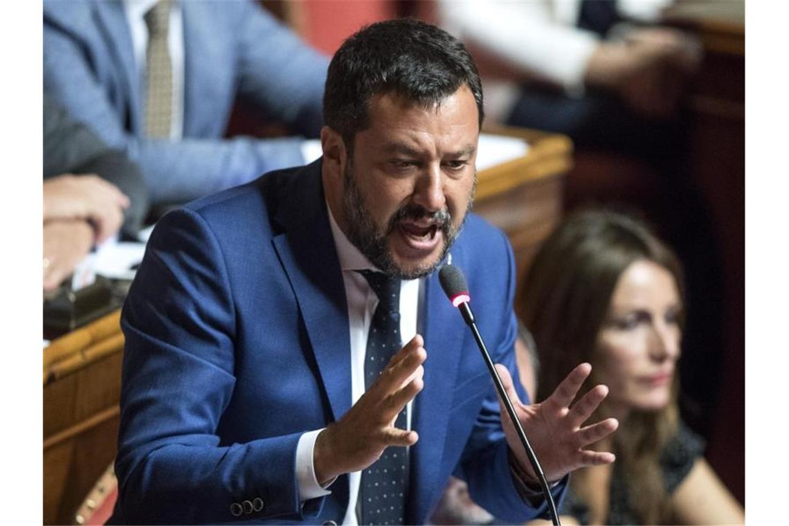 Denkzettel für Salvini in der Regierungskrise in Italien Matteo Salvini, Innenminister von Italien, während seiner Rede im Senat. Foto: Roberto Monaldo/LaPresse/Zuma Press